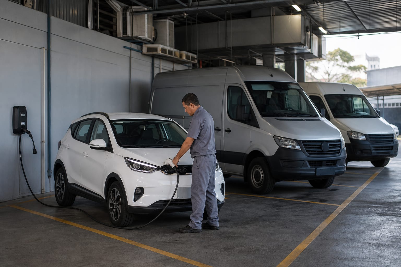 Utilitário elétrico branco conectado a carregador de parede em garagem corporativa, ao lado de duas vans a diesel