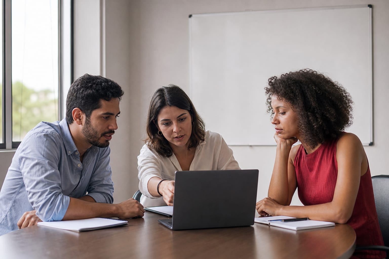 Três profissionais reunidos em torno de um notebook durante uma reunião de avaliação de fornecedor